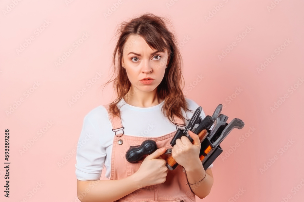 Handyman woman with kit tools belt full of variety instruments isolated on pink background. Female in male work. Renovation concept. Generative AI. Handyman woman with kit tools belt full of variety instruments isolated on pink background. Female in male work. Renovation concept. Generative AI.