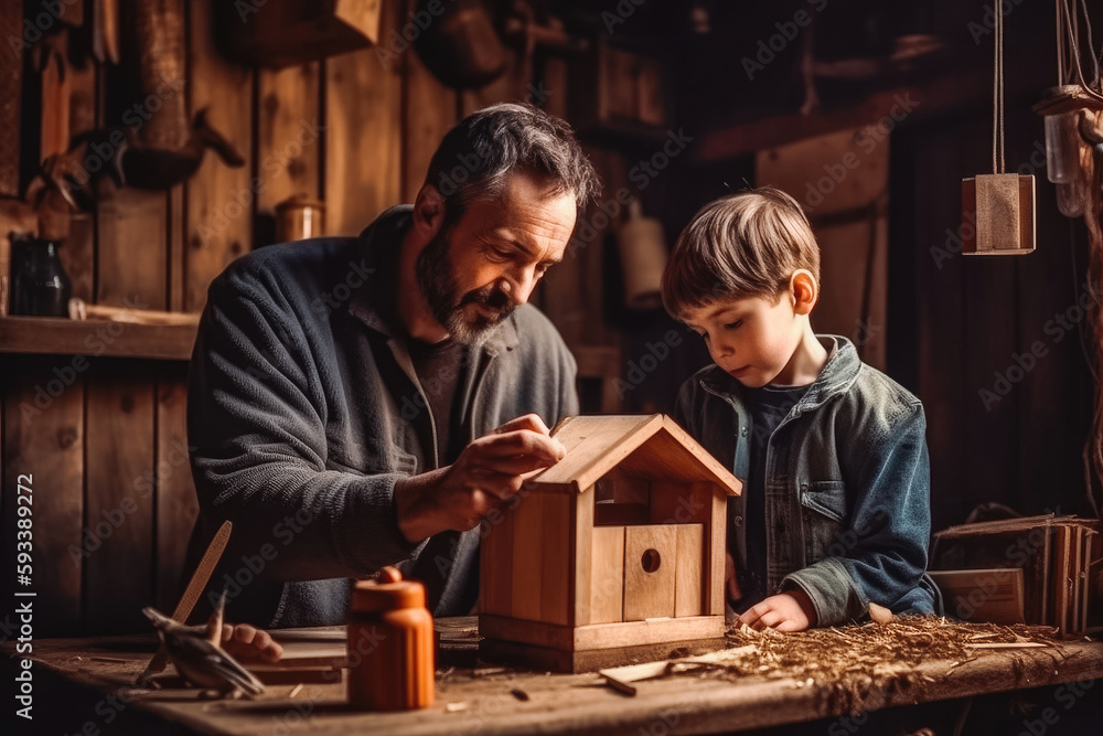 Grandfather teaching grandson how to make wooden bird house. DIY craft in home workshop. Indoor. Generative AI. - obrazy, fototapety, plakaty 