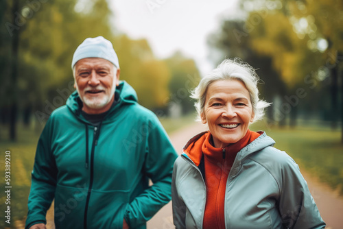 Senior mature old couple going for a run in park. Healthy life  active pensioners. Long life. Generative AI.