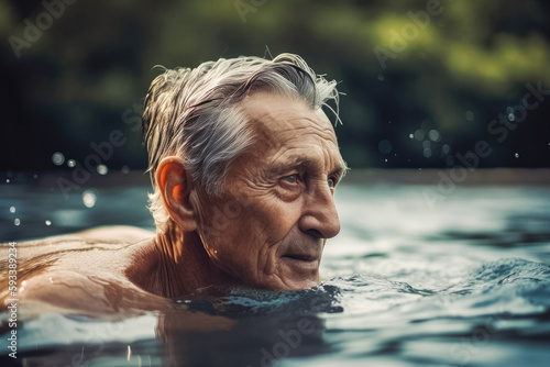 Senior man chilling in swimming pool. Swim and relax in spa. Generative AI.