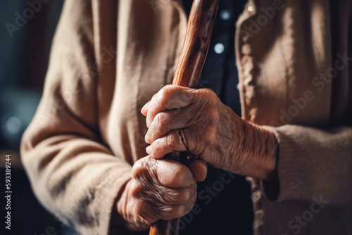 Elderly woman with walking stick at home. Retired woman with her wooden walking stick at home. Disabled middle aged female pensioner using cane during rehabilitation process. © VisualProduction