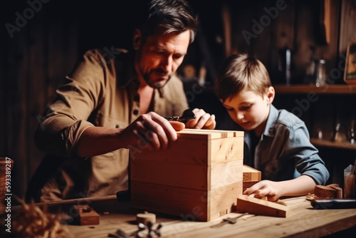 Grandfather teaching grandson how to make wooden bird house. DIY craft in home workshop. Indoor. Generative AI. photo
