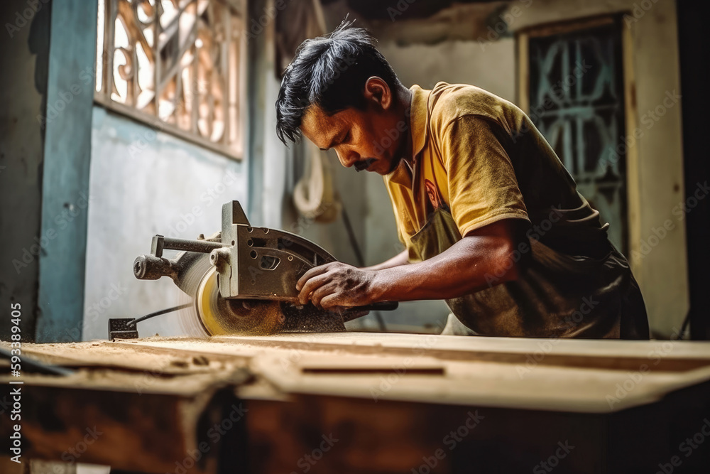 Smart indian contractor hand use sawing machine wood work house renovation background home improvement ideas concept. Generative AI. Smart indian contractor hand use sawing machine wood work house renovation background home improvement ideas concept. Generative AI.