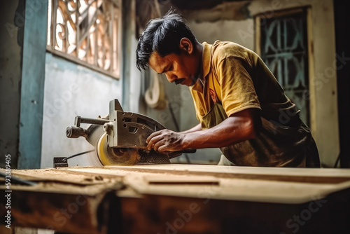 Smart indian contractor hand use sawing machine wood work house renovation background home improvement ideas concept. Generative AI.