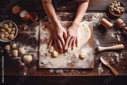 Close up of two hands making a pizza dough. Woman making dough from flour for bread, pastry, cuisine. Wooden table. Generative AI.