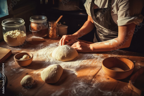 Close up of two hands making a pizza dough. Woman making dough from flour for bread, pastry, cuisine. Wooden table. Generative AI.