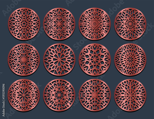 Set decorative circle coaster for laser cutting. Round abstract geometric coaster card. Laser cut design. Vector illustration	