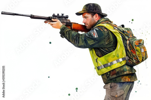 Hunter man in camouflage with a gun during the hunt in search of wild birds or game, generative ai