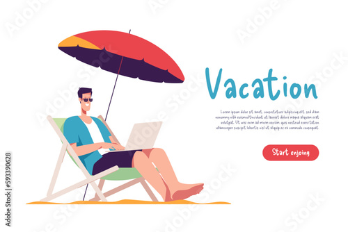 Young man sitting in lounge deck chair at the beach and working online with laptop. Vector illustration