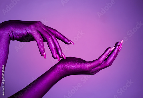 shiny shining female hands, fashion concept, gift giving gesture and object display background