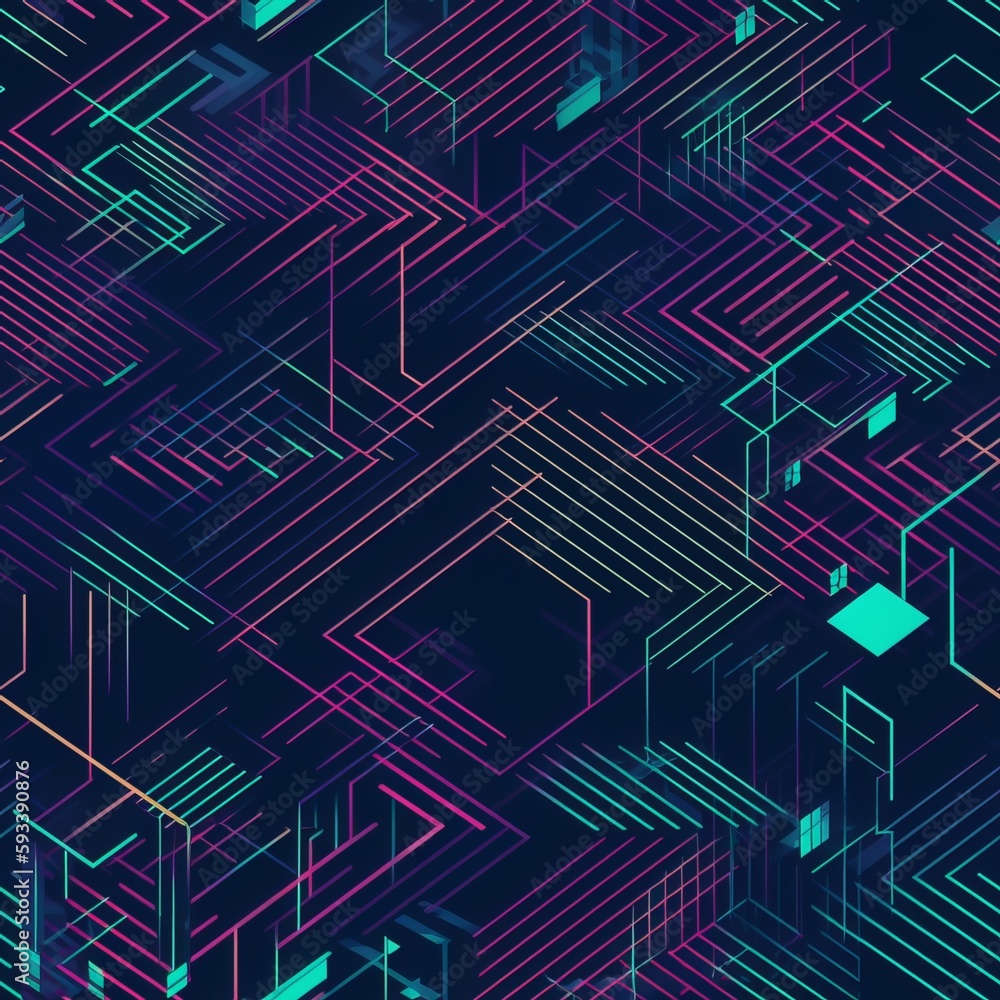 Fototapeta premium Seamless Futuristic Cyberpunk Pattern with Neon Lines and Geometric Shapes 