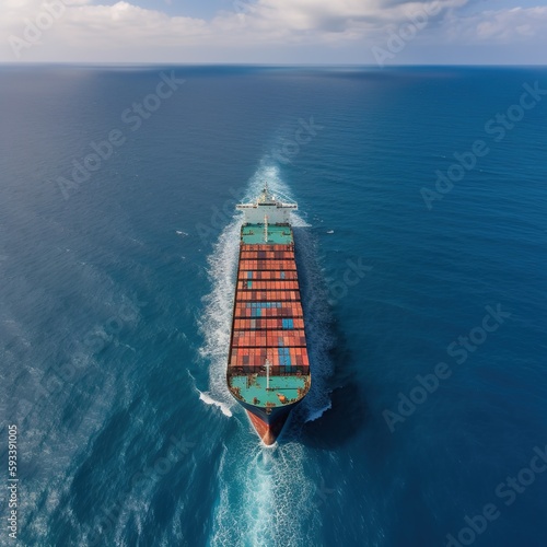 Aerial view of a container ship leaving port. generative ai