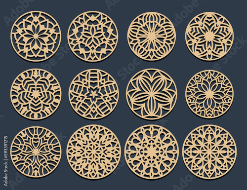 Set decorative circle coaster for laser cutting. Round abstract geometric coaster card. Laser cut design. Vector illustration	