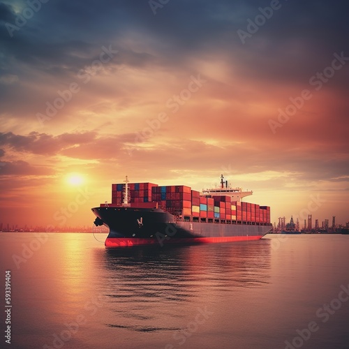 cargo ship at sunset, International Container Cargo Ship in the Ocean. generative ai