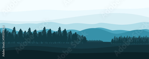 Mountain landscape with forest and fog. Misty or smokey blue mountain background. Vector illustration