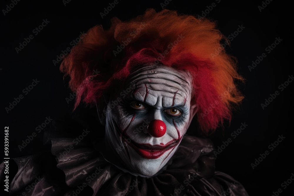 Scary evil clown portrait. Generative AI.
