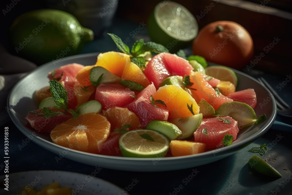 Citrus fruit salad with grapefruit, oranges, and lime, presented on a plate, photographed with a Canon EOS R5 and a RF 35mm f/1.8 Macro IS STM lens