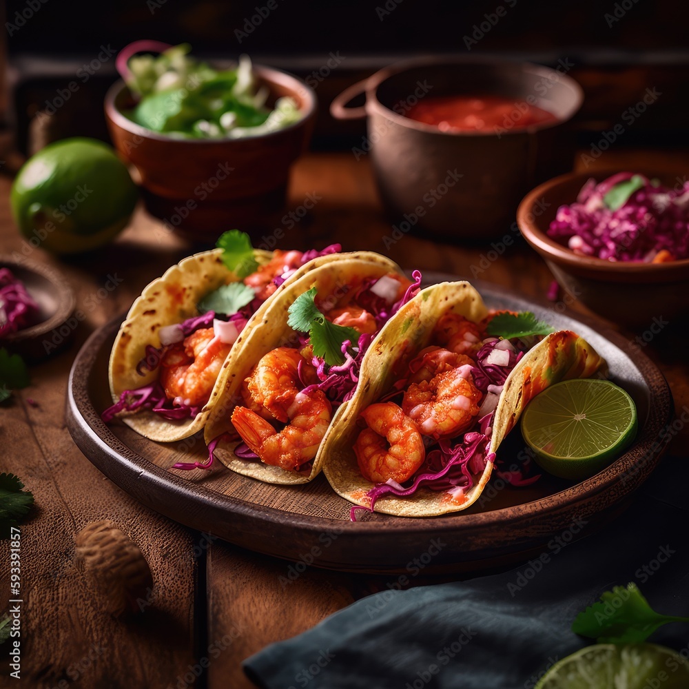 spicy shrimp tacos with reddish-pink sauce, presented on coral plates, photographed with a Fujifilm X-T4 and a XF 56mm f/1.2 R lens spicy shrimp tacos with reddish-pink sauce, presented on coral plates, photographed with a Fujifilm X-T4 and a XF 56mm f/1.2 R lens