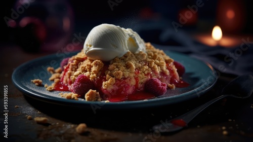 Photorealistic peach and raspberry crumble with vanilla ice cream, presented on a light blue plate, photographed with a Fujifilm X-T30 and a XF 35mm f/2 R WR lens