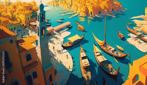 Illustration of the beautiful city of Venice. City of gondoliers, bridges, carnivals and love. Italy © Aleh Varanishcha