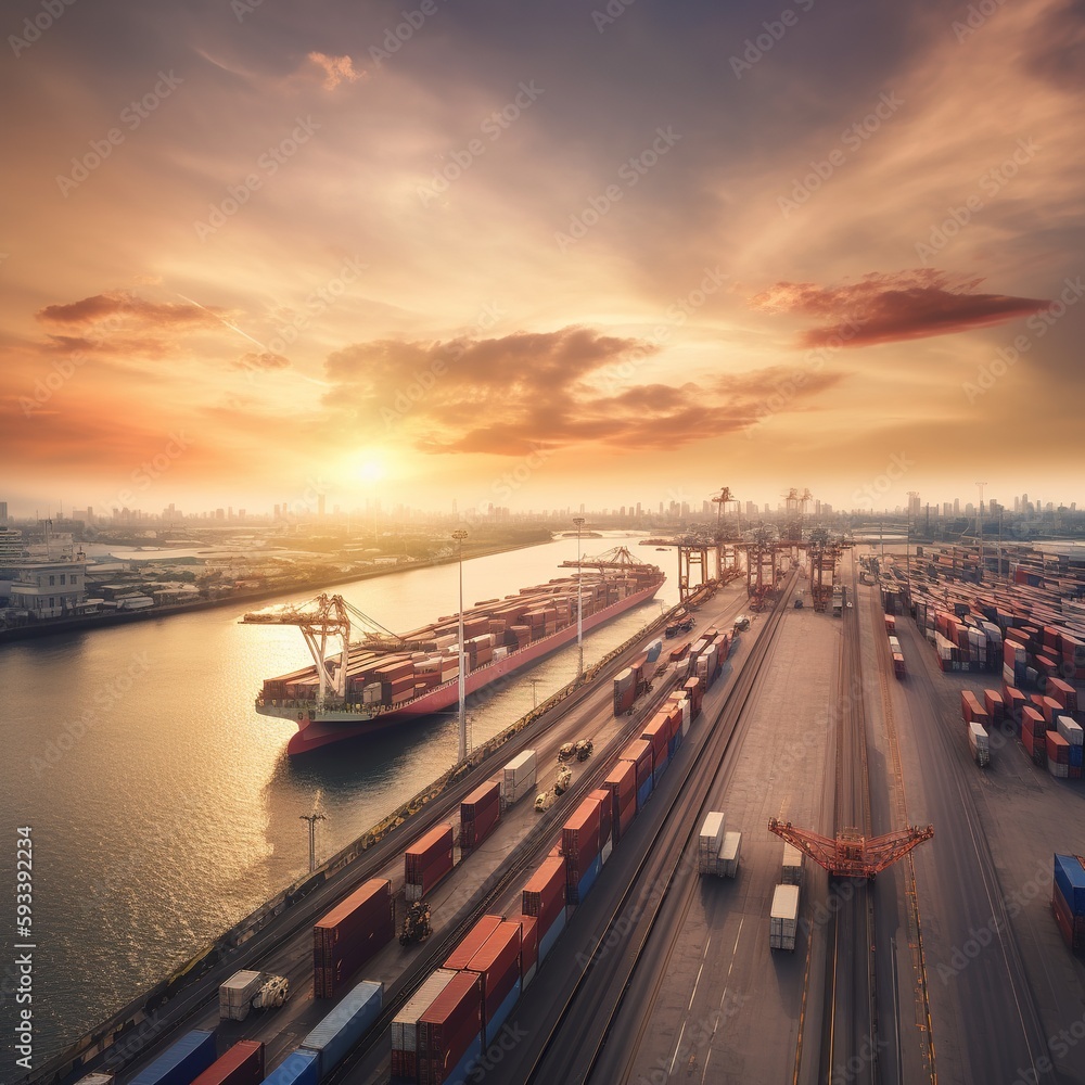 Fototapeta premium Sunset on the Container cargo ship, container dock crane shipment harbor loading container import and export commercial trade business logistic and transportation international. generative ai