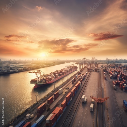 Sunset on the Container cargo ship, container dock crane shipment harbor loading container import and export commercial trade business logistic and transportation international. generative ai