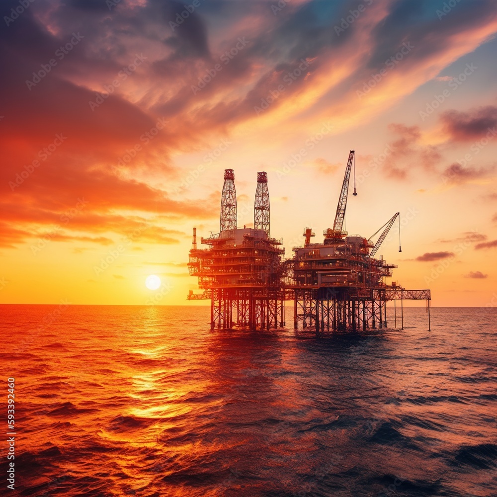 Sunset or sunrise on an offshore oil and rig platform. Construction of a manufacturing process in the sea. The world's power energy. . generative ai