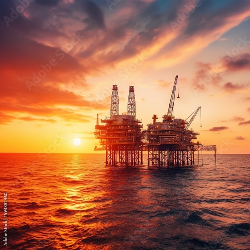 Sunset or sunrise on an offshore oil and rig platform. Construction of a manufacturing process in the sea. The world's power energy. . generative ai