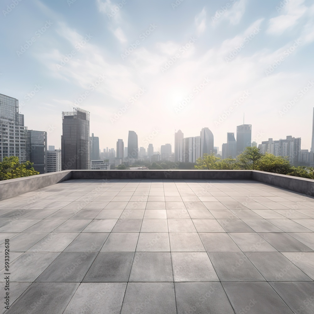 Skyline panorama and buildings with empty concrete square floors. generative ai Skyline panorama and buildings with empty concrete square floors. generative ai