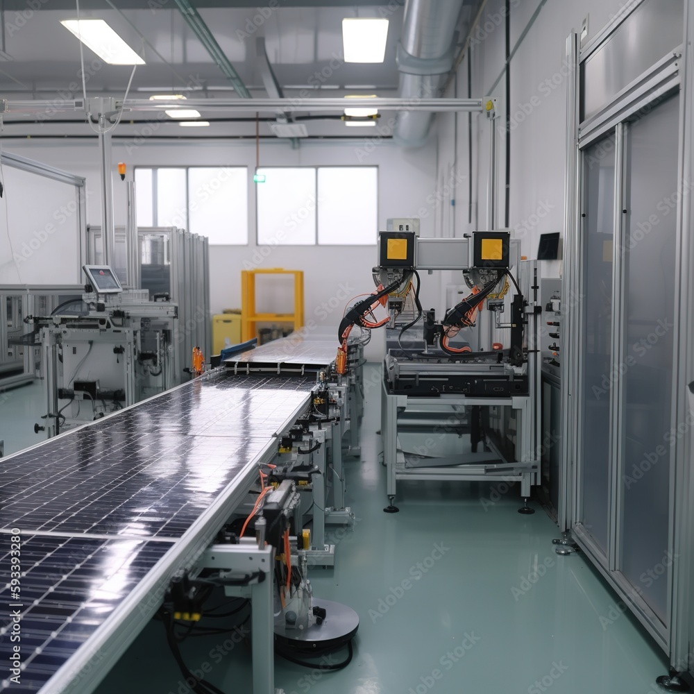 Solar Panel Production Line with Robot Arms at Modern Bright Factory. Solar Panels are being Assembled on Conveyor. generative ai