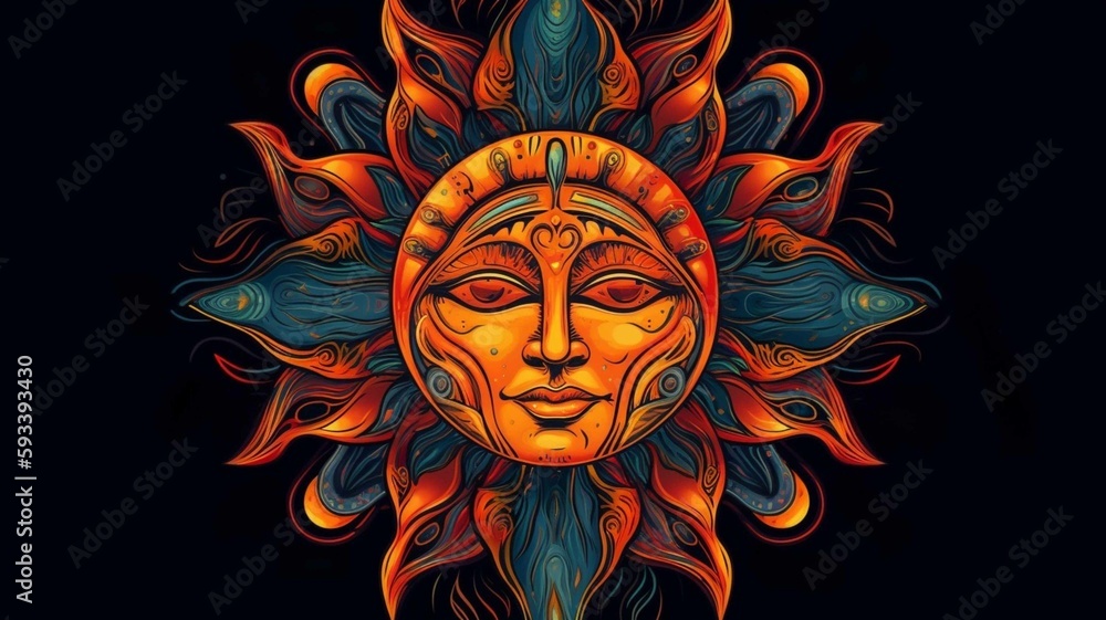 Colorful sun design on black background (generative ai)