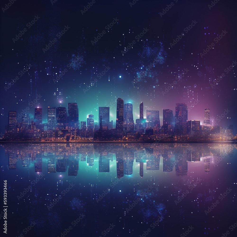 Background of an abstract futuristic city with a digital cityscape. Dots Building in the Night City, sci-fi, skyline, transparent cityscape Perspective. generative ai