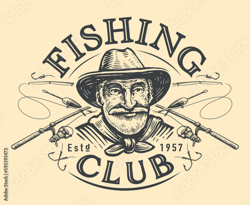 Fishing club emblem. Happy elderly fisherman and crossed fishing rods for catching fish. Vintage vector illustration