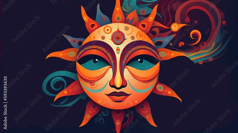 Colorful sun design on black background (generative ai)