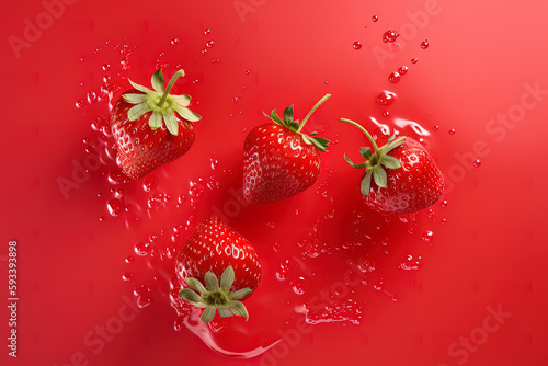 Top view of a group of strawberries splashing into a strawberry juice. Created with Generative AI Technology