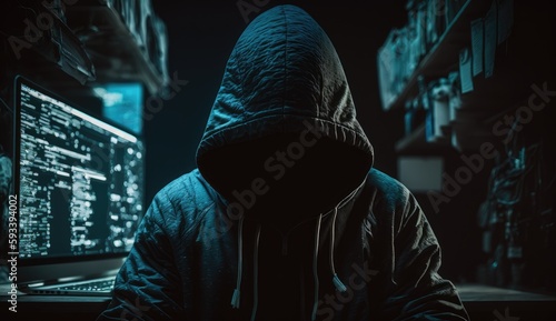 A hacker sitting in front of a computer screen, network security, identity theft, cyber security