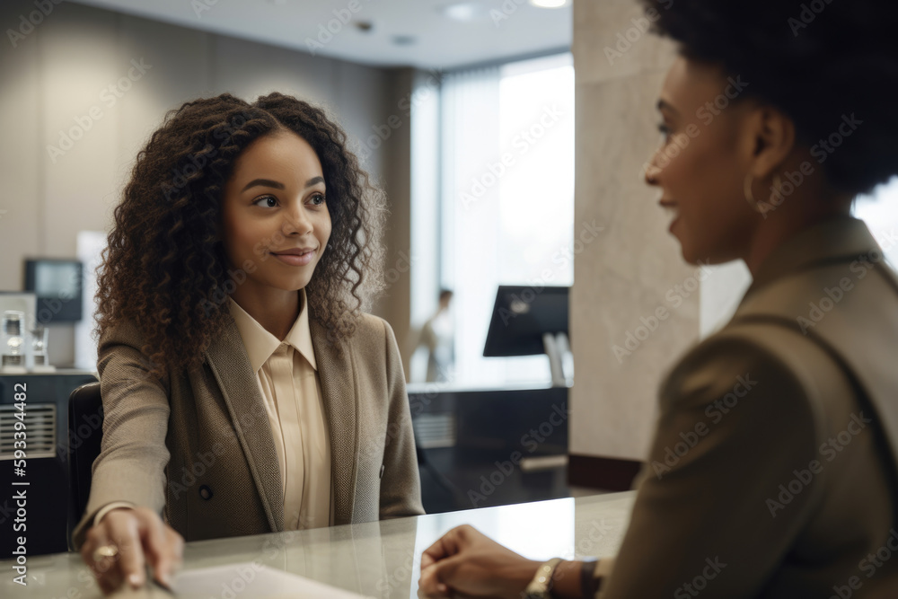 Beautiful bank teller assisting a customer with a friendly demeanor and professional attire, generative ai Beautiful bank teller assisting a customer with a friendly demeanor and professional attire, generative ai