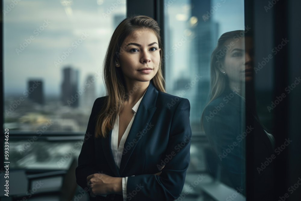 Beautiful legal secretary standing in front of a glass window, holding a pen and a legal document, with a view of a city skyline in the background, generative ai Beautiful legal secretary standing in front of a glass window, holding a pen and a legal document, with a view of a city skyline in the background, generative ai