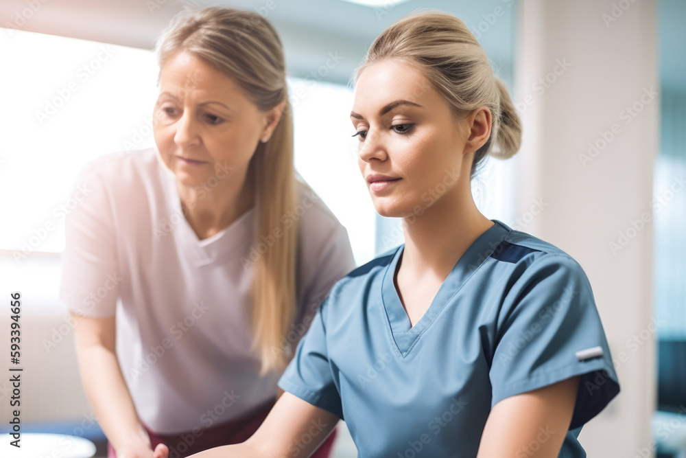 Beautiful occupational therapist working with a patient on daily living skills, helping them perform tasks such as dressing or grooming in a therapy session, generative ai