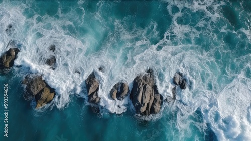 Beach and waves from top view Generative AI