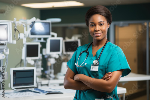beautiful medical technologist in scrubs, confidently holding a stethoscope and standing in front of an array of medical equipment, generative ai