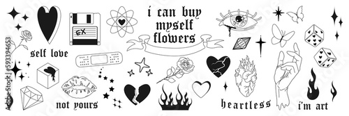 Set of abstract y2k hearts, flames, flowers, shapes and other elements in trendy psychedelic style. Vector hand drawn tattoo print, stickers. Black and white colors.