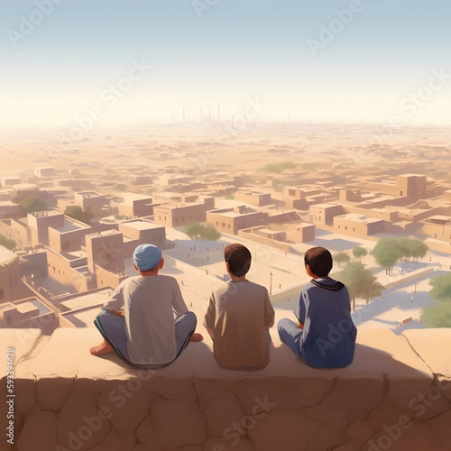 three young people looking their city. the painting. ai generated.