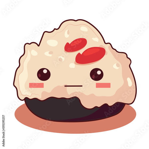 Cute sushi icon in kawaii style with smiling face and pink cheeks. Japanese traditional cuisine dishes. Temaki, tempura, nigiri, tamago, uramaki, futomaki.
