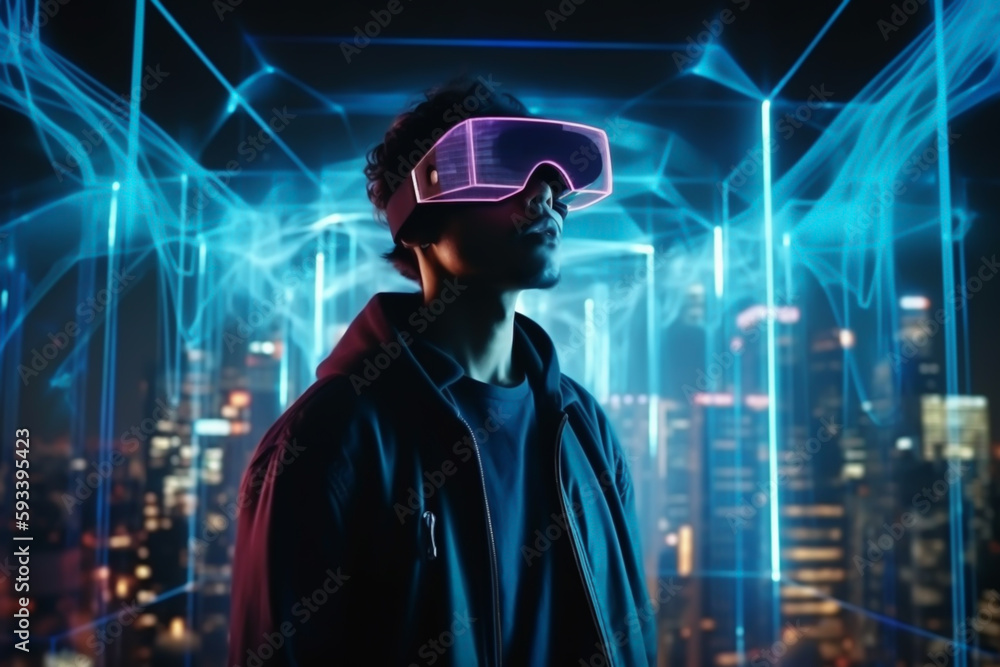 man wearing vr glasses in the cyberspace, generative ai