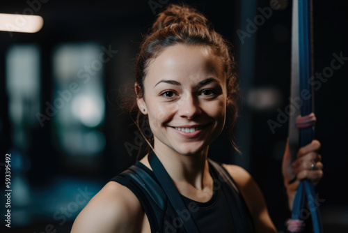 Close-up portrait of a beautiful woman personal trainer with a radiant smile and ponytail, wearing workout clothes and holding a resistance band, generative ai