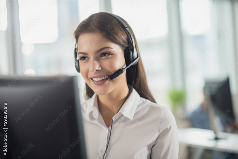 Close-up portrait of a confident Quality Assurance Specialist wearing a headset and smiling brightly with a computer screen in the background, generative ai Close-up portrait of a confident Quality Assurance Specialist wearing a headset and smiling brightly with a computer screen in the background, generative ai