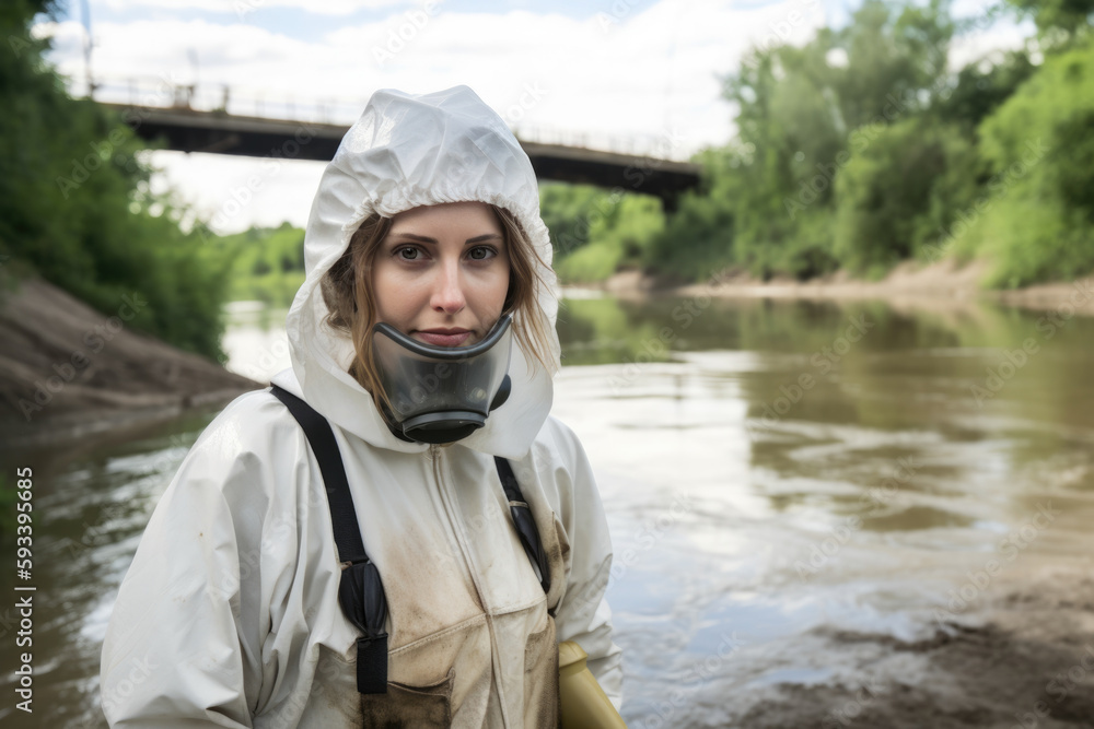 Close-up portrait of a gorgeous conservation scientist wearing protective gear while collecting samples from a polluted river, generative ai