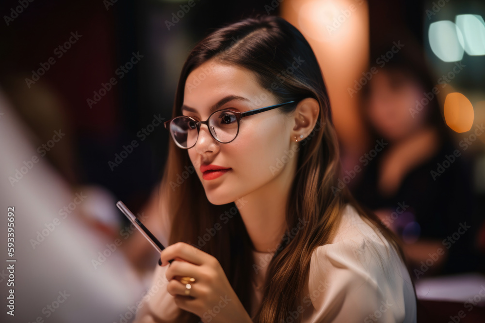 Close-up portrait of a gorgeous event planner with sparkling eyes and flawless makeup, holding a pen and paper while brainstorming event ideas, generative ai Close-up portrait of a gorgeous event planner with sparkling eyes and flawless makeup, holding a pen and paper while brainstorming event ideas, generative ai