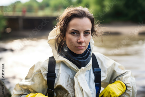 Close-up portrait of a gorgeous conservation scientist wearing protective gear while collecting samples from a polluted river, generative ai © aicandy